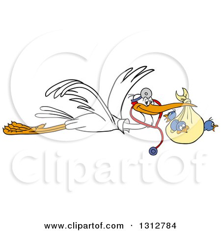 Clipart of a Cartoon White Stork Pediatric Doctor Wearing a Stethoscope and Flying Baby Birds in a Bundle - Royalty Free Vector Illustration by LaffToon