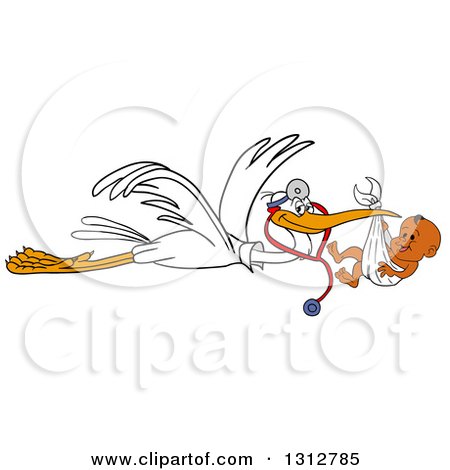 Clipart of a Cartoon White Stork Bird Pediatric Doctor Wearing a Stethoscope and Flying a Black Baby Boy in a Bundle - Royalty Free Vector Illustration by LaffToon