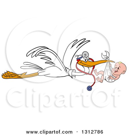 Clipart of a Cartoon White Stork Bird Pediatric Doctor Wearing a Stethoscope and Flying a White Baby Boy in a Bundle - Royalty Free Vector Illustration by LaffToon