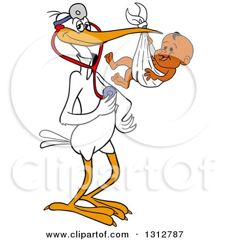 Clipart of a Cartoon White Stork Bird Pediatric Doctor Holding a Stethoscope and Black Baby Boy in a Bundle - Royalty Free Vector Illustration by LaffToon