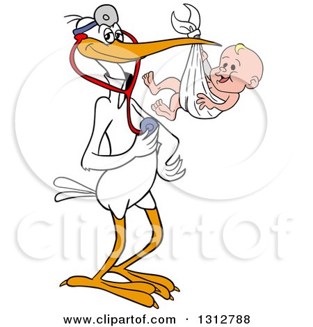 Clipart of a Cartoon White Stork Bird Pediatric Doctor Holding a Stethoscope and White Baby Boy in a Bundle - Royalty Free Vector Illustration by LaffToon