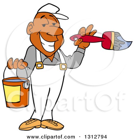 Clipart of a Cartoon Grinning Black Male Painter Holding a Brush and Bucket - Royalty Free Vector Illustration by LaffToon