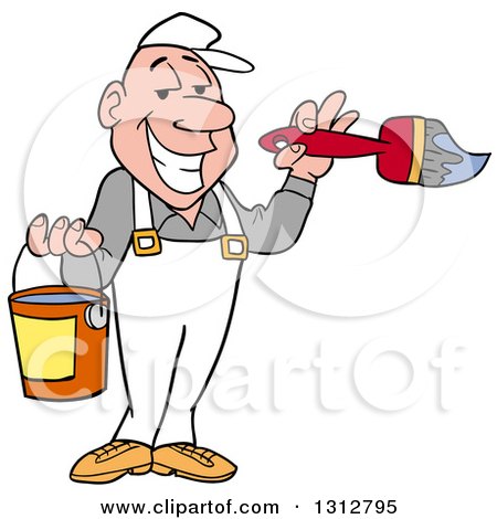 Clipart of a Cartoon Grinning White Male Painter Holding a Brush and Bucket - Royalty Free Vector Illustration by LaffToon