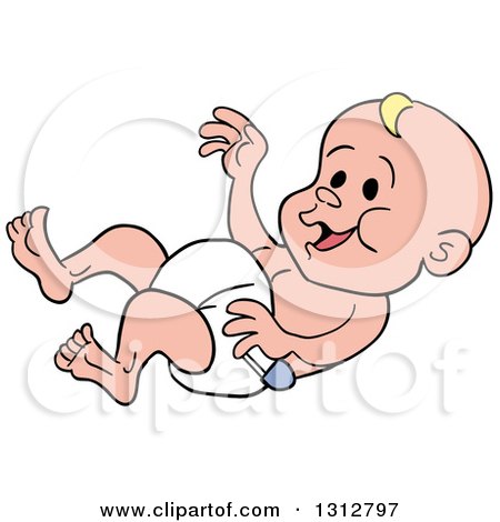 Clipart of a Cartoon Laughing Blue Eyed White Baby in a Diaper - Royalty Free Vector Illustration by LaffToon