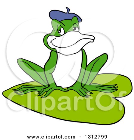 Clipart of a Cartoon French Frog Sitting on a Lily Pad - Royalty Free Vector Illustration by LaffToon