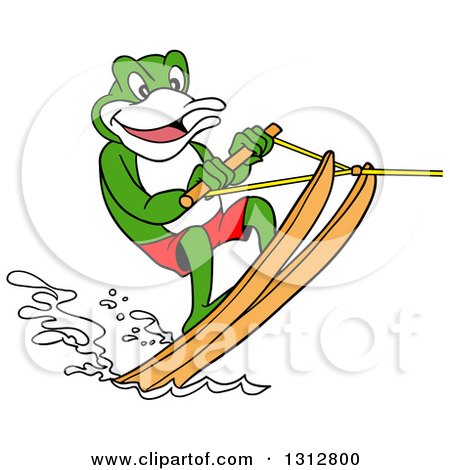 Clipart of a Cartoon Frog Water Skiing - Royalty Free Vector Illustration by LaffToon