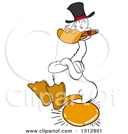 Clipart of a Cartoon White Goose Wearing a Top Hat, Smoking a Cigar and Sitting on a Golden Egg - Royalty Free Vector Illustration by LaffToon