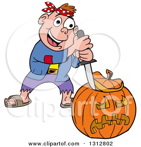 Clipart of a Cartoon Happy White Boy in a Pirate Costume, Carving a Halloween Pumpkin - Royalty Free Vector Illustration by LaffToon