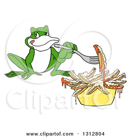 Clipart of a Cartoon Hungry Frog Eating Poutine French Fries and Gravy - Royalty Free Vector Illustration by LaffToon