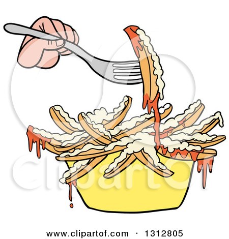 Clipart of a Cartoon Caucasian Hand Using a Fork to Eat Poutine French Fries and Gravy - Royalty Free Vector Illustration by LaffToon