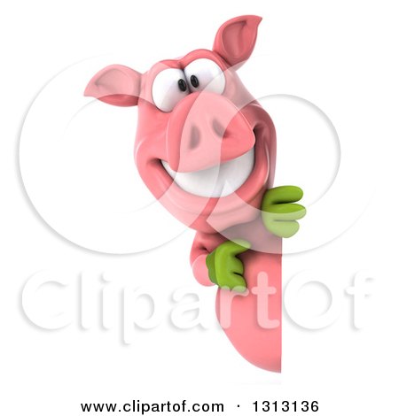 Clipart of a 3d Happy Gardener Pig Pointing Around a Sign - Royalty Free Illustration by Julos