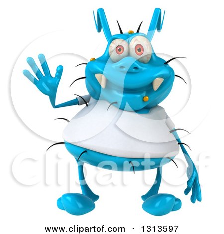 Clipart of a 3d Blue Germ Virus Wearing a White T Shirt, Waving - Royalty Free Illustration by Julos