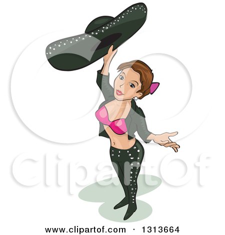Clipart of a Cartoon Sexy Female Mariachi Looking Up, Presenting and Holding a Hat - Royalty Free Vector Illustration by David Rey