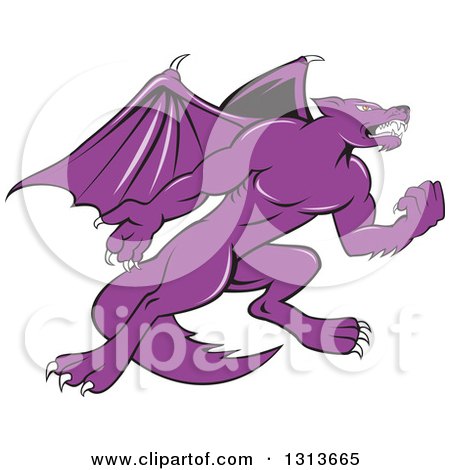 Clipart of a Cartoon Purple Angry Kludde Wolf Dog with Bat Wings - Royalty Free Vector Illustration by patrimonio