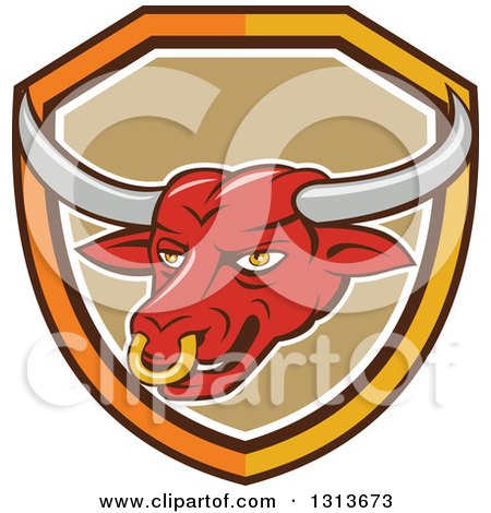 Clipart of a Cartoon Red Texas Longhorn Bull Mascot Head in a Yellow White and Tan Shield - Royalty Free Vector Illustration by patrimonio