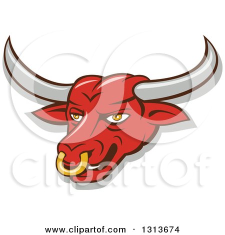 Clipart of a Cartoon Red Texas Longhorn Bull Mascot Head and Gray Outline - Royalty Free Vector Illustration by patrimonio