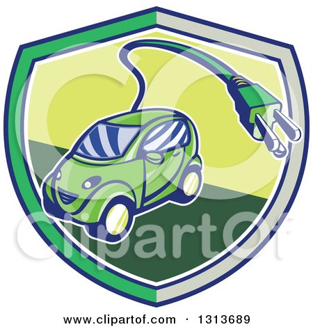 Clipart of a Retro Cartoon Hybrid Electric Car with a Plug in a Gray and Green Shield - Royalty Free Vector Illustration by patrimonio