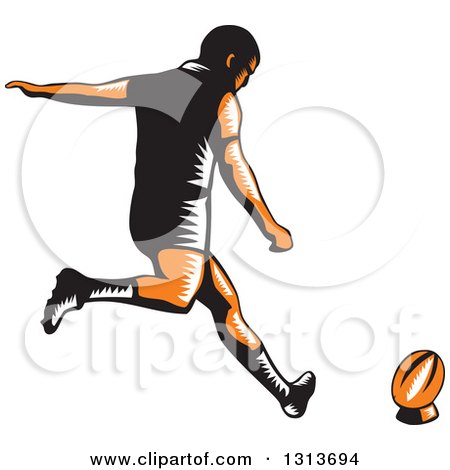Clipart of a Retro Woodcut Male Rugby Player Kicking - Royalty Free Vector Illustration by patrimonio
