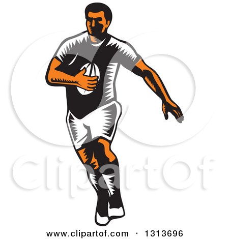 Clipart of a Retro Woodcut Male Rugby Player Running 2 - Royalty Free Vector Illustration by patrimonio