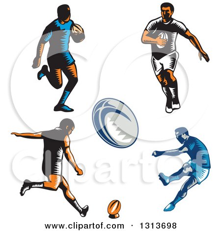 Clipart of Retro Woodcut Male Rugby Players - Royalty Free Vector Illustration by patrimonio