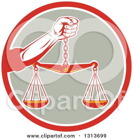 Clipart of a Retro Hand Holding Scales of Justice in a Red White and Taupe Circle - Royalty Free Vector Illustration by patrimonio
