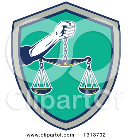 Clipart of a Retro Hand Holding Scales of Justice in a Black Gray and Turquoise Shield - Royalty Free Vector Illustration by patrimonio
