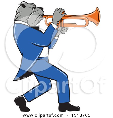 Clipart of a Cartoon Bulldog Musician Facing Right and Playing a Trumpet - Royalty Free Vector Illustration by patrimonio