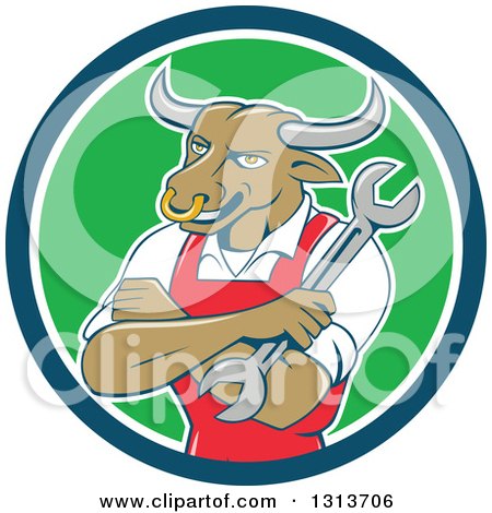 Clipart of a Cartoon Bull Man Mechanic Mascot with Folded Arms, Holding a Wrench in a Blue White and Green Circle - Royalty Free Vector Illustration by patrimonio