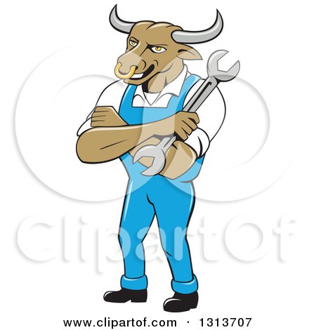 Clipart of a Cartoon Bull Man Mechanic Mascot with Folded Arms, Holding a Wrench - Royalty Free Vector Illustration by patrimonio