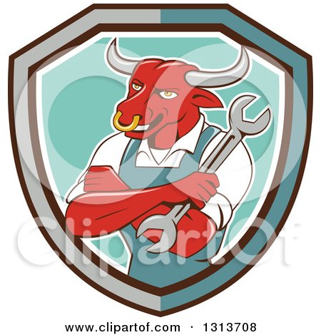 Clipart of a Cartoon Bull Man Mechanic Mascot with Folded Arms, Holding a Wrench in a Shield - Royalty Free Vector Illustration by patrimonio