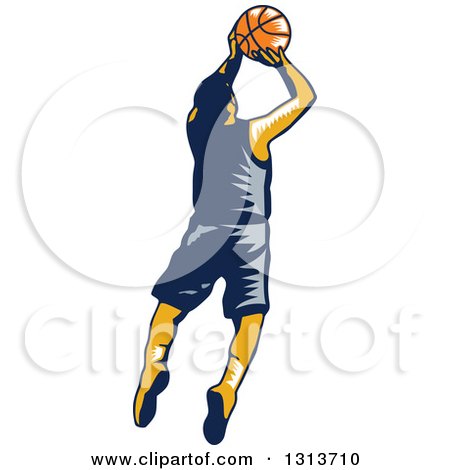 Clipart of a Retro Woodcut Male Basketball Player Shooting and Jumping - Royalty Free Vector Illustration by patrimonio