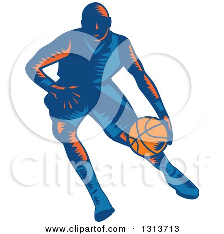 Clipart of a Retro Woodcut Male Basketball Player Dribbling - Royalty Free Vector Illustration by patrimonio