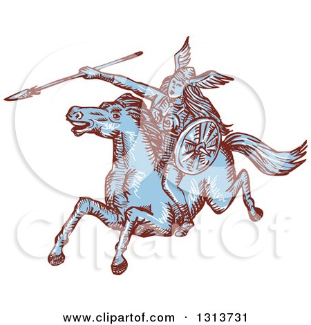 Clipart of a Brown and Blue Sketched Amazon Valkyrie Wielding a Spear on a Leaping Horse - Royalty Free Vector Illustration by patrimonio