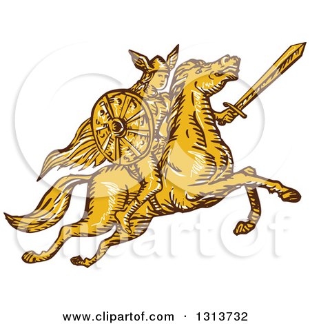 Clipart of a Brown and Yellow Sketched Amazon Valkyrie Wielding a Sword on a Leaping Horse - Royalty Free Vector Illustration by patrimonio