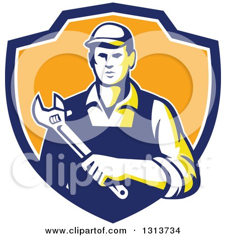 Clipart of a Retro Male Mechanic Holding a Giant Adjustable Wrench in a Blue White and Orange Shield - Royalty Free Vector Illustration by patrimonio