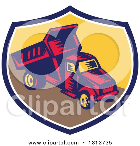 Clipart of a Retro Woodcut Dump Truck in a Blue White and Yellow Shield - Royalty Free Vector Illustration by patrimonio