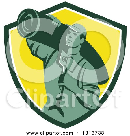 Clipart of a Retro Male Carpet Layer Carrying a Knee Kicker and Roll over His Shoulder, in a Green White and Yellow Shield - Royalty Free Vector Illustration by patrimonio
