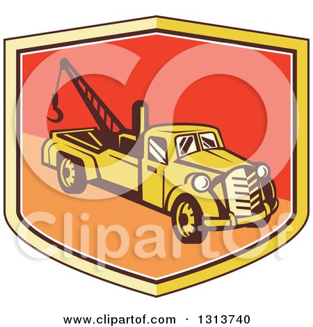 Clipart of a Retro Tow Truck in a Yellow Red and Orange Shield - Royalty Free Vector Illustration by patrimonio