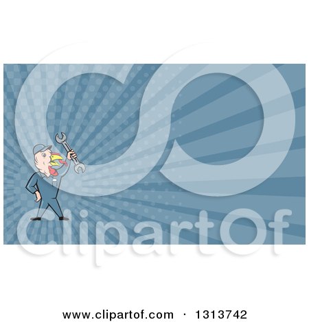Clipart of a Cartoon Turkey Bird Worker Mechanic Man Holding up a Wrench and Blue Rays Background or Business Card Design - Royalty Free Illustration by patrimonio