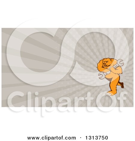 Clipart of a Cartoon Grizzly Bear Mechanic Mascot Carrying a Giant Wrench and Taupe Rays Background or Business Card Design - Royalty Free Illustration by patrimonio