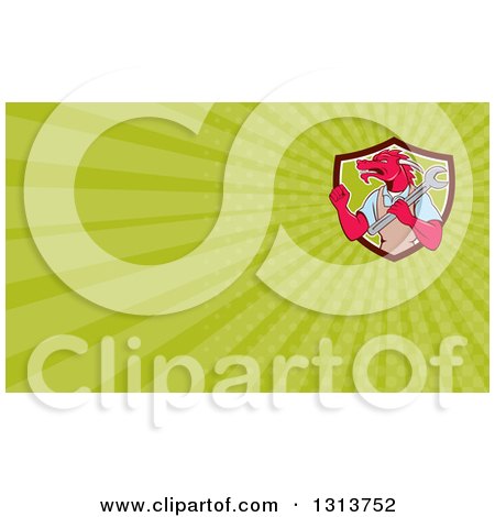 Clipart of a Cartoon Pink Dragon Man Mechanic Holding a Wrench and Doing a Fist Pump and Green Rays Background or Business Card Design - Royalty Free Illustration by patrimonio