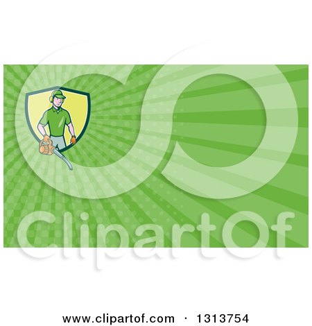 Clipart of a Cartoon White Male Gardener Using a Leaf Blower and Green Rays Background or Business Card Design - Royalty Free Illustration by patrimonio