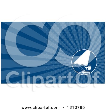 Clipart of a Retro Man Sailing and Blue Rays Background or Business Card Design - Royalty Free Illustration by patrimonio
