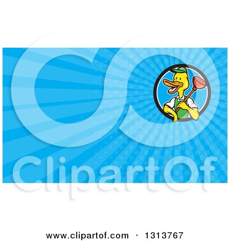 Clipart of a Cartoon Duck Plumber Worker Holding a Plunger and Blue Rays Background or Business Card Design - Royalty Free Illustration by patrimonio