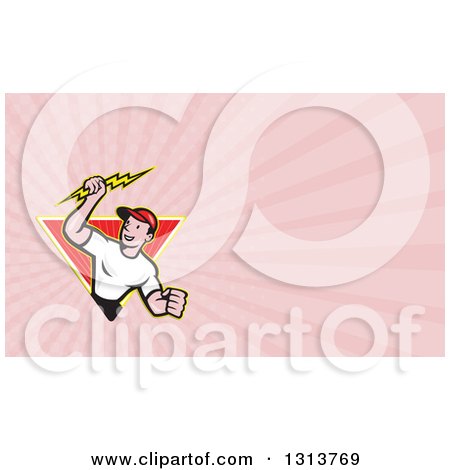 Clipart of a Cartoon Male Electrician Holding a Lightning Bolt and Pink Rays Background or Business Card Design - Royalty Free Illustration by patrimonio