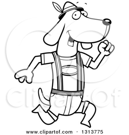 Lineart Clipart of a Cartoon Black and White Skinny German Oktoberfest Dachshund Dog Wearing Lederhosen and Running to the Right - Royalty Free Outline Vector Illustration by Cory Thoman