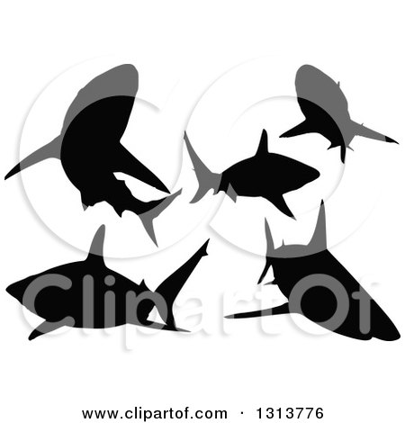 Clipart of Silhouetted Black Tip Sharks Swimming - Royalty Free Vector Illustration by dero