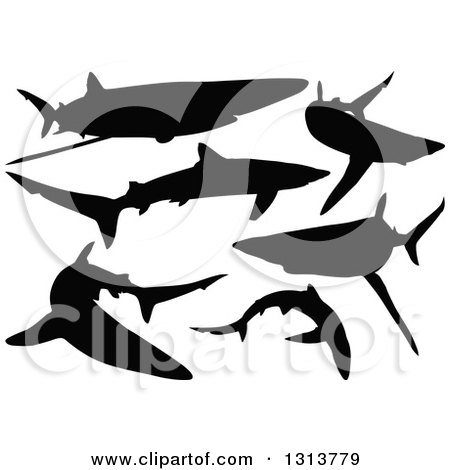 Clipart of Black Silhouetted Swimming Blue Sharks - Royalty Free Vector Illustration by dero
