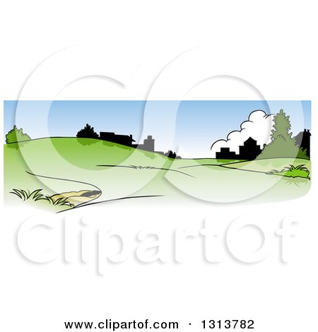 Clipart of a Green Spring Time Hilly Landscape with Silhouetted Buildings and Blue Sky - Royalty Free Vector Illustration by dero