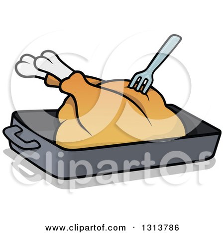 Clipart of a Cartoon Roasted Turkey with a Fork in a Pan - Royalty Free Vector Illustration by dero